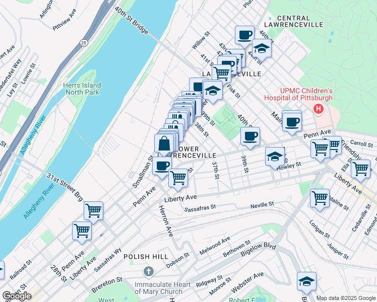 map of restaurants, bars, coffee shops, grocery stores, and more near in Pittsburgh