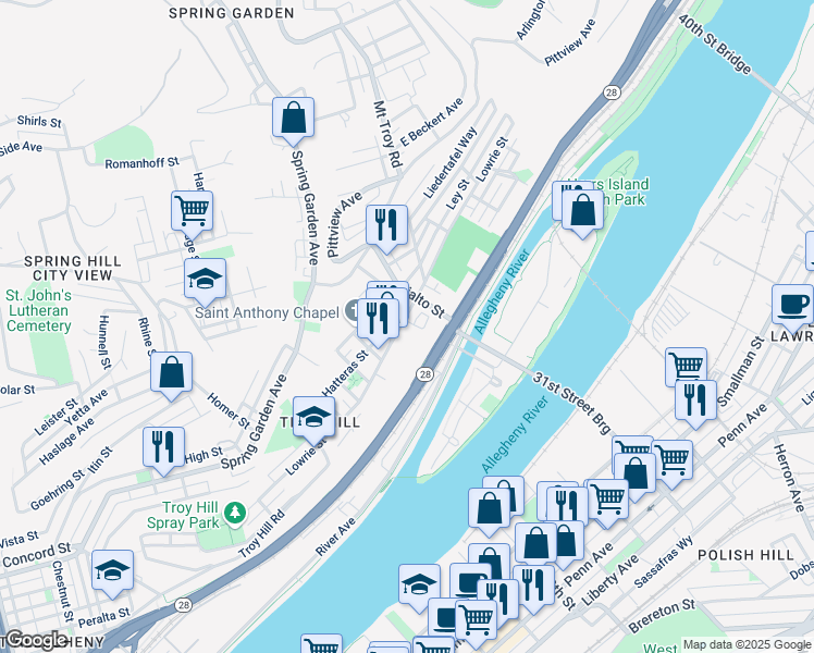map of restaurants, bars, coffee shops, grocery stores, and more near 1830 Lowrie Street in Pittsburgh