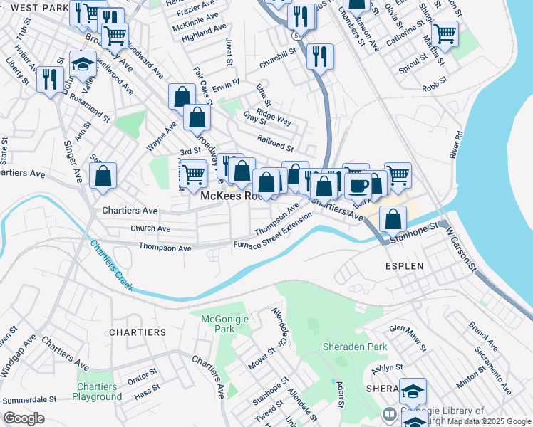 map of restaurants, bars, coffee shops, grocery stores, and more near 755 Chartiers Avenue in McKees Rocks