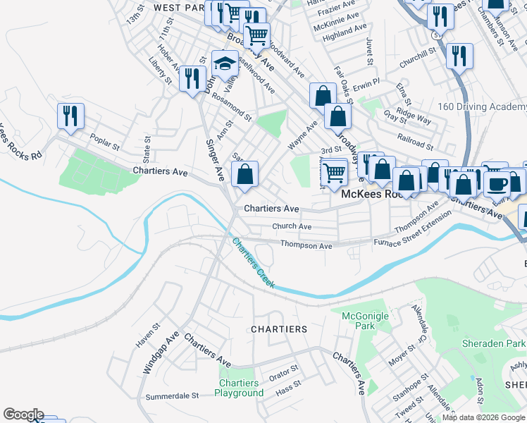 map of restaurants, bars, coffee shops, grocery stores, and more near 1242 Chartiers Avenue in McKees Rocks