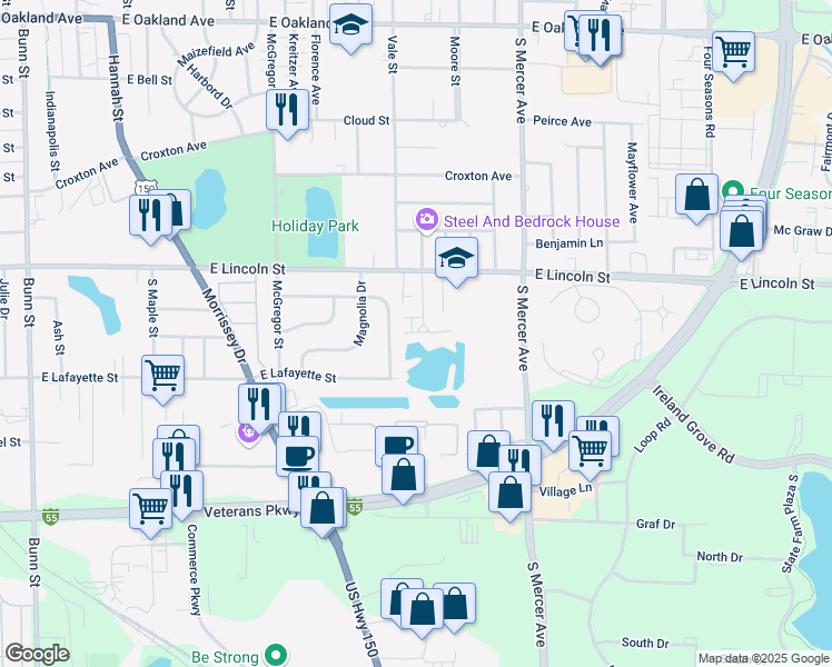 map of restaurants, bars, coffee shops, grocery stores, and more near 1008 Arlene Court in Bloomington