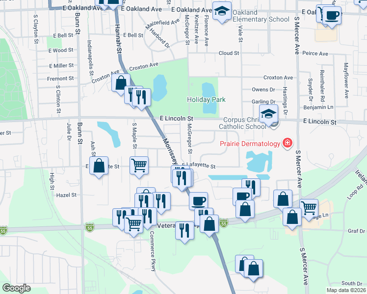 map of restaurants, bars, coffee shops, grocery stores, and more near 1011 McGregor Street in Bloomington