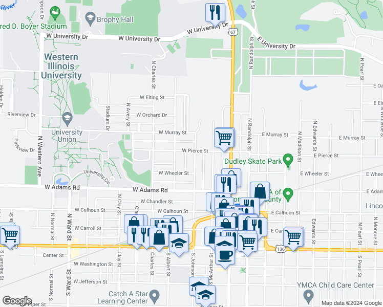 map of restaurants, bars, coffee shops, grocery stores, and more near 536 North Johnson Street in Macomb