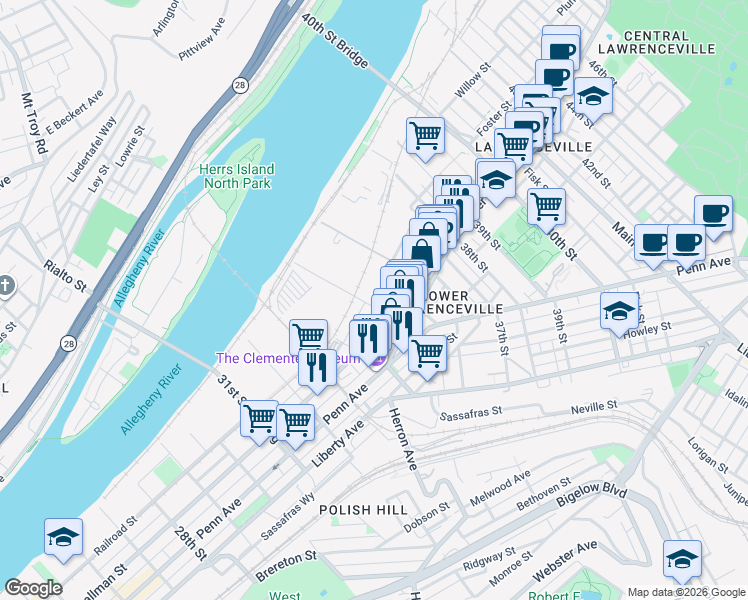 map of restaurants, bars, coffee shops, grocery stores, and more near 3599 Spruce Way in Pittsburgh