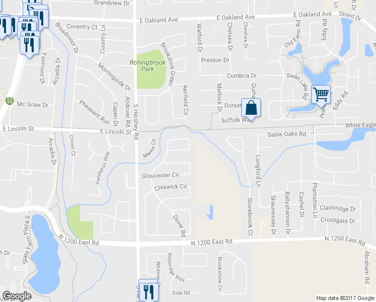 map of restaurants, bars, coffee shops, grocery stores, and more near 26 Kensington Circle in Bloomington