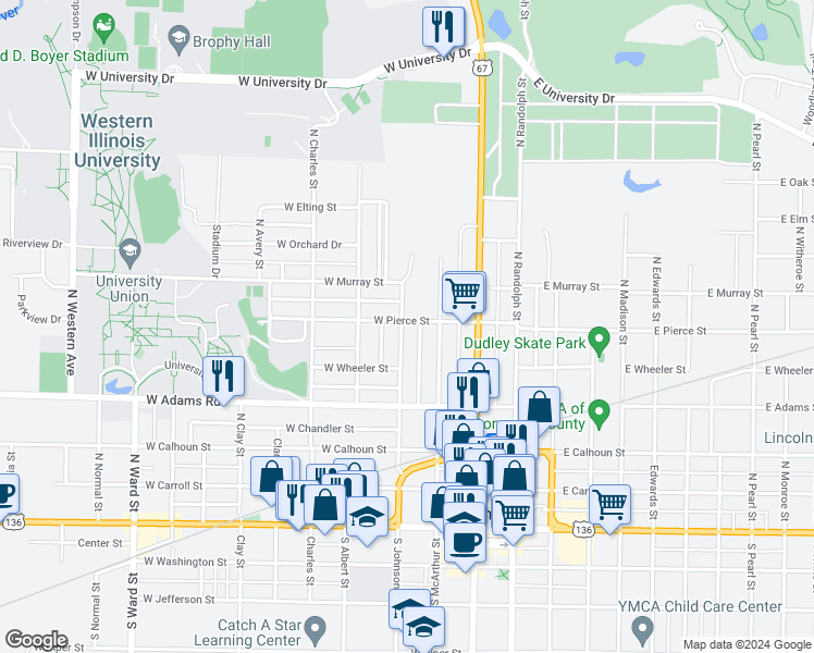 map of restaurants, bars, coffee shops, grocery stores, and more near 537 North Johnson Street in Macomb