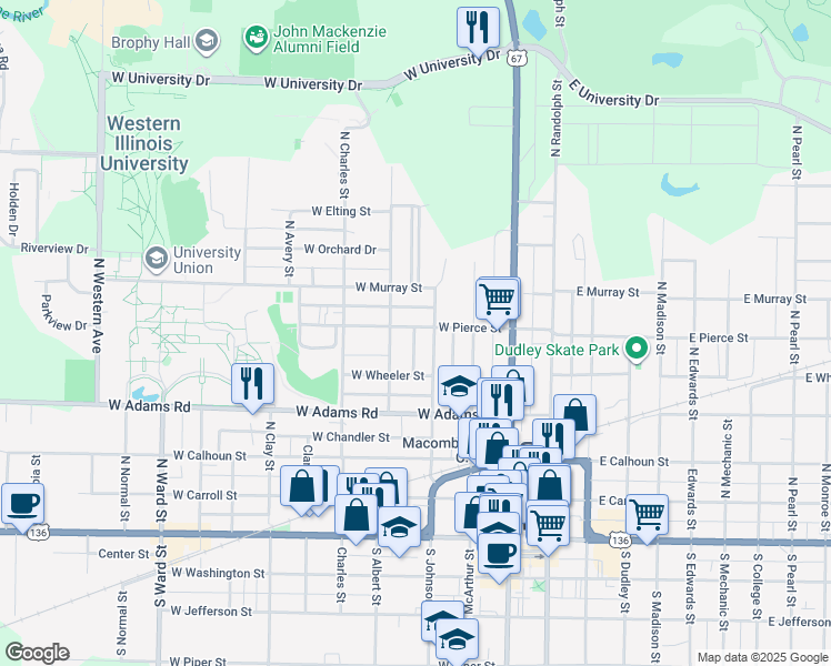 map of restaurants, bars, coffee shops, grocery stores, and more near 315 West Pierce Street in Macomb