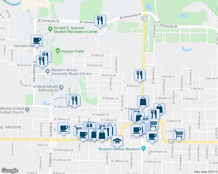 map of restaurants, bars, coffee shops, grocery stores, and more near 540 North Albert Street in Macomb