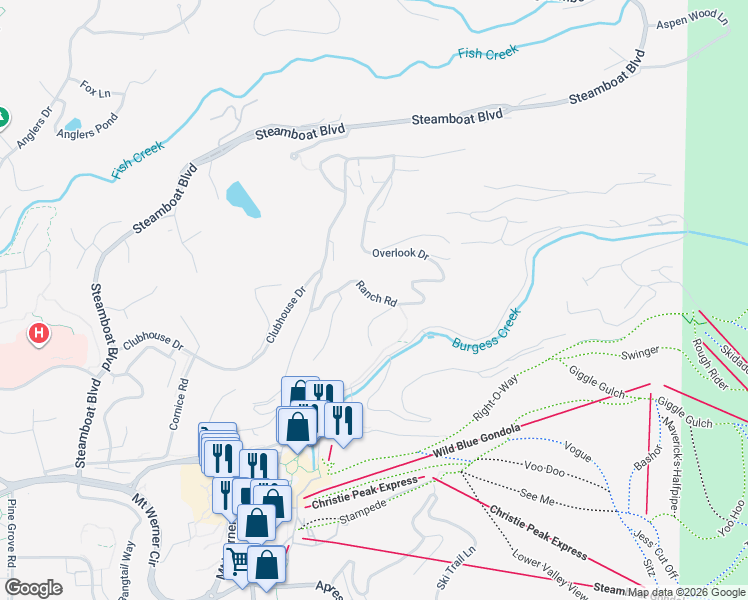 map of restaurants, bars, coffee shops, grocery stores, and more near 1800 Ranch Road in Steamboat Springs