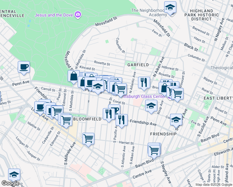 map of restaurants, bars, coffee shops, grocery stores, and more near 5165 Penn Avenue in Pittsburgh