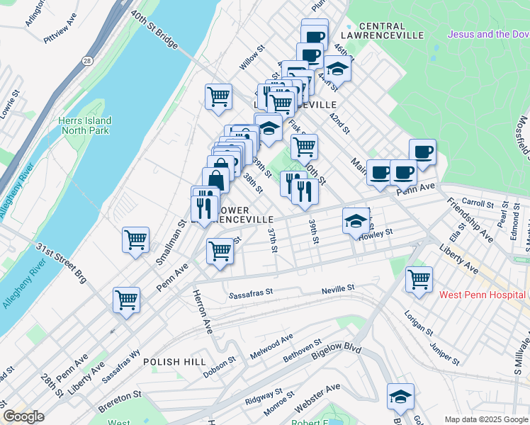 map of restaurants, bars, coffee shops, grocery stores, and more near 3705 Peoria Way in Pittsburgh