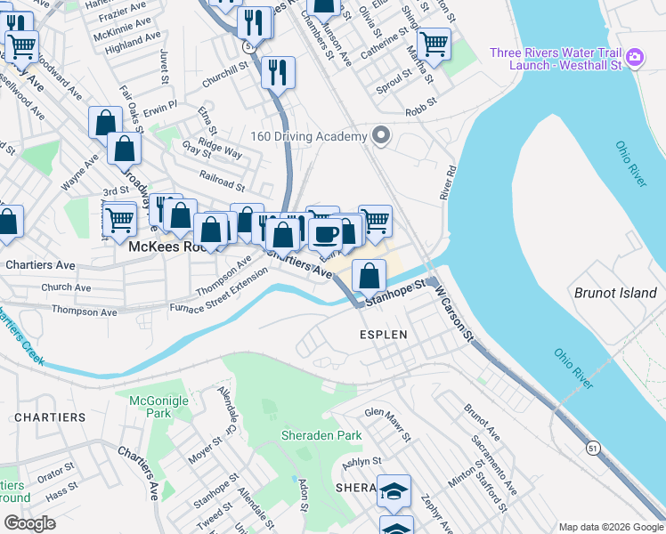 map of restaurants, bars, coffee shops, grocery stores, and more near 200 Chartiers Avenue in McKees Rocks