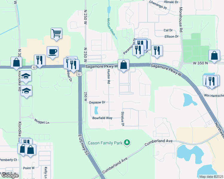map of restaurants, bars, coffee shops, grocery stores, and more near 2335 Bainbridge Court in West Lafayette