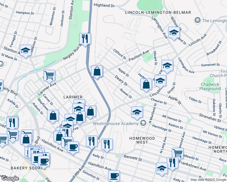 map of restaurants, bars, coffee shops, grocery stores, and more near 6562 Rowan Street in Pittsburgh
