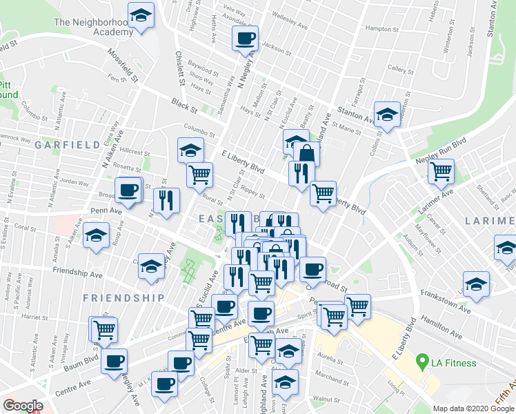 map of restaurants, bars, coffee shops, grocery stores, and more near 5800 Rippey Street in Pittsburgh