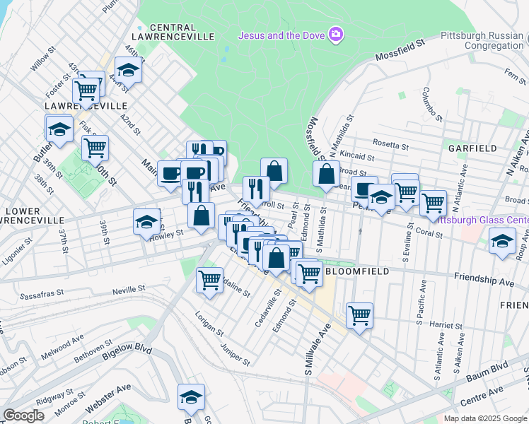map of restaurants, bars, coffee shops, grocery stores, and more near 4567 Comrie Way in Pittsburgh
