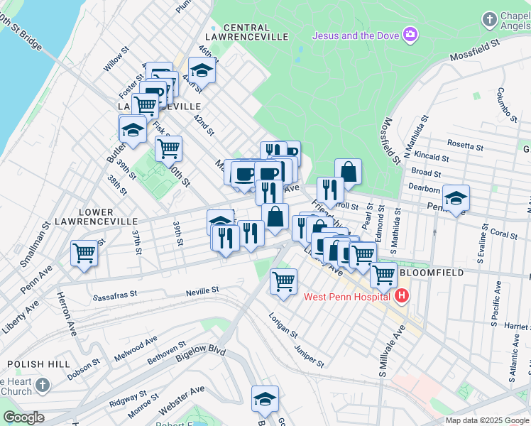 map of restaurants, bars, coffee shops, grocery stores, and more near 4109 Woolslayer Way in Pittsburgh