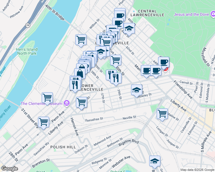 map of restaurants, bars, coffee shops, grocery stores, and more near 275 38th Street in Pittsburgh