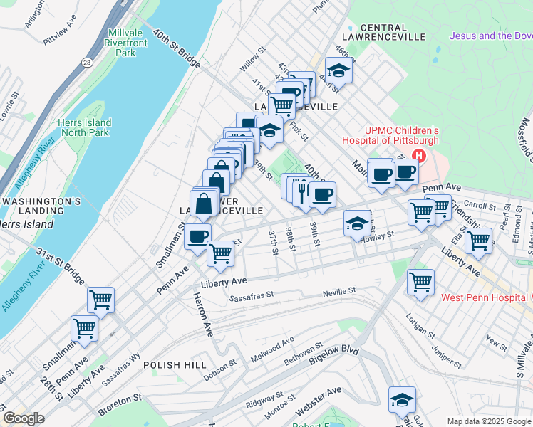 map of restaurants, bars, coffee shops, grocery stores, and more near 271 38th Street in Pittsburgh