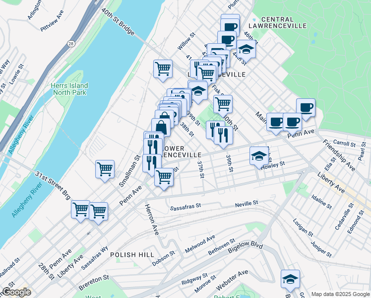 map of restaurants, bars, coffee shops, grocery stores, and more near 237 37th Street in Pittsburgh