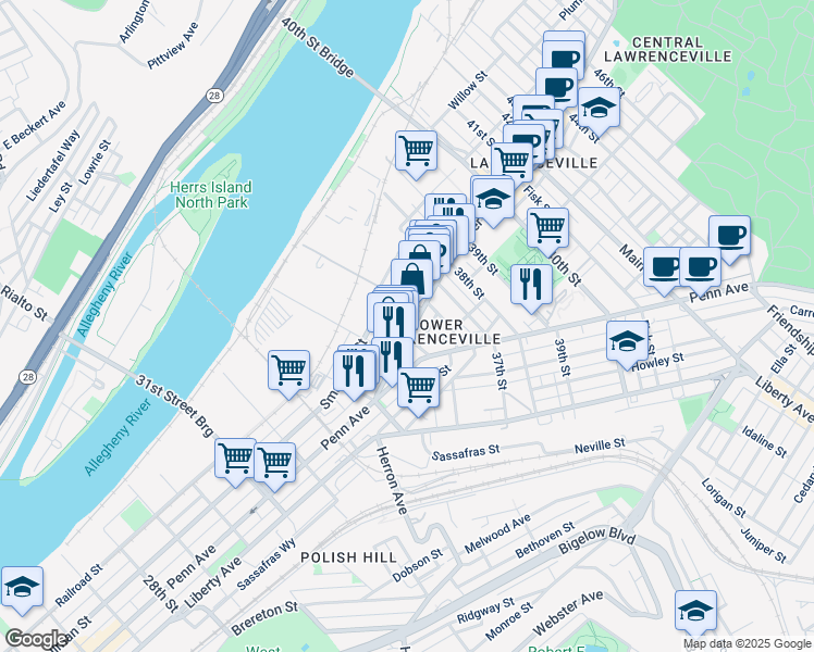 map of restaurants, bars, coffee shops, grocery stores, and more near 3540 Charlotte Street in Pittsburgh