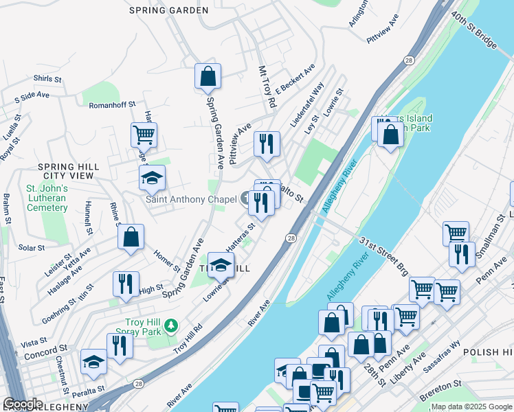 map of restaurants, bars, coffee shops, grocery stores, and more near 1806 Harpster Street in Pittsburgh