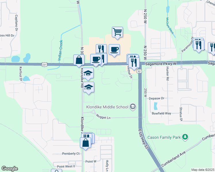 map of restaurants, bars, coffee shops, grocery stores, and more near 2731 Wyndham Court in West Lafayette