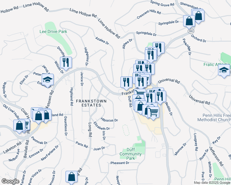 map of restaurants, bars, coffee shops, grocery stores, and more near 11519 Frankstown Road in Penn Hills
