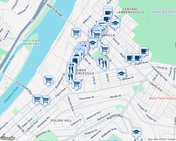 map of restaurants, bars, coffee shops, grocery stores, and more near 254 37th Street in Pittsburgh