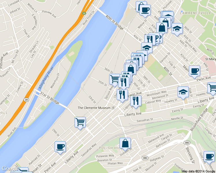 map of restaurants, bars, coffee shops, grocery stores, and more near 101 35th Street in Pittsburgh