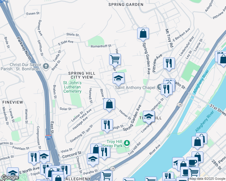map of restaurants, bars, coffee shops, grocery stores, and more near 1332 Damas Street in Pittsburgh