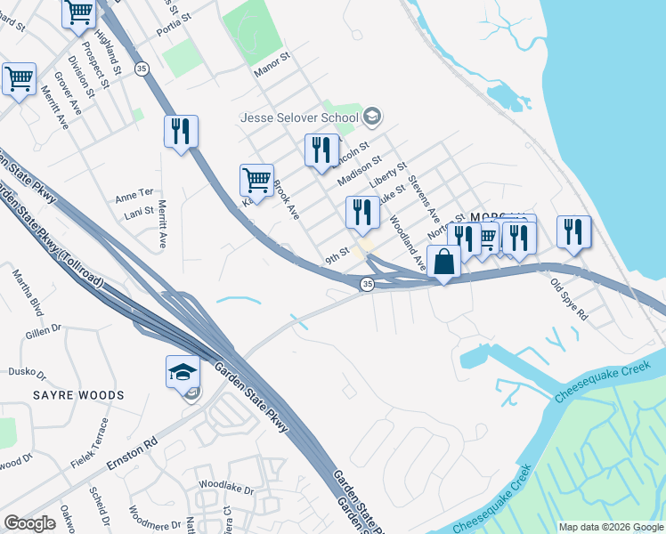 map of restaurants, bars, coffee shops, grocery stores, and more near 233 9th Street in South Amboy