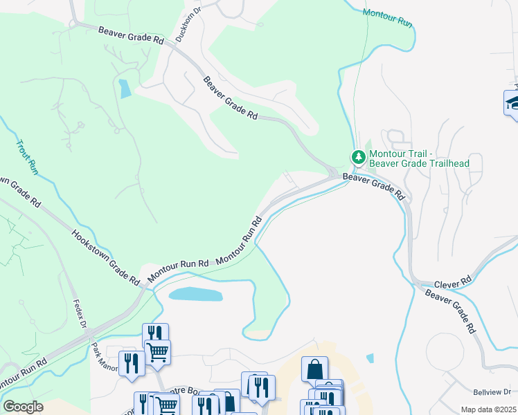 map of restaurants, bars, coffee shops, grocery stores, and more near 181 Montour Run Road in Coraopolis