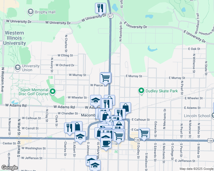 map of restaurants, bars, coffee shops, grocery stores, and more near 122 West Pierce Street in Macomb