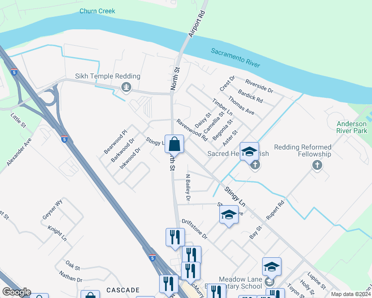 map of restaurants, bars, coffee shops, grocery stores, and more near 3260 Stingy Lane in Anderson