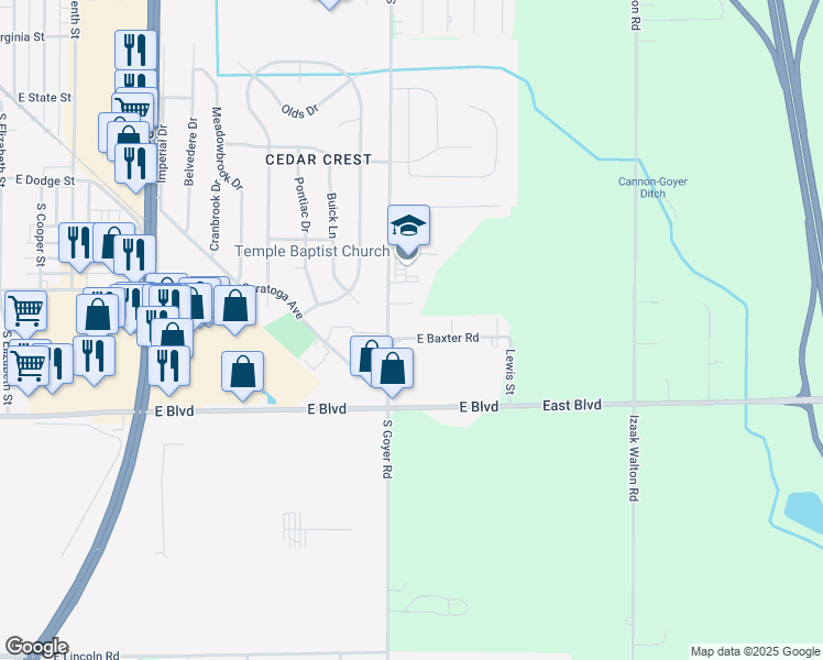 map of restaurants, bars, coffee shops, grocery stores, and more near 2414 East Baxter Road in Kokomo