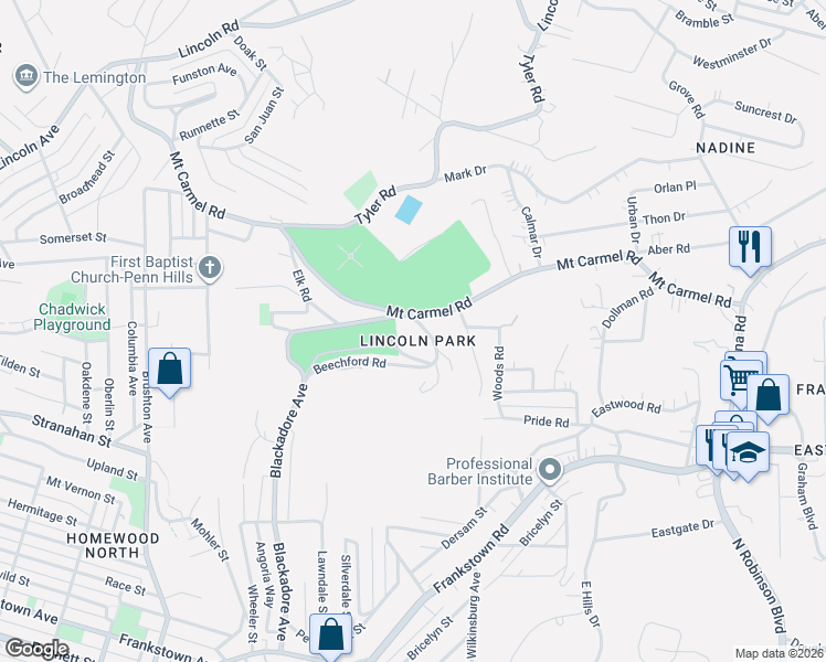 map of restaurants, bars, coffee shops, grocery stores, and more near in Penn Hills