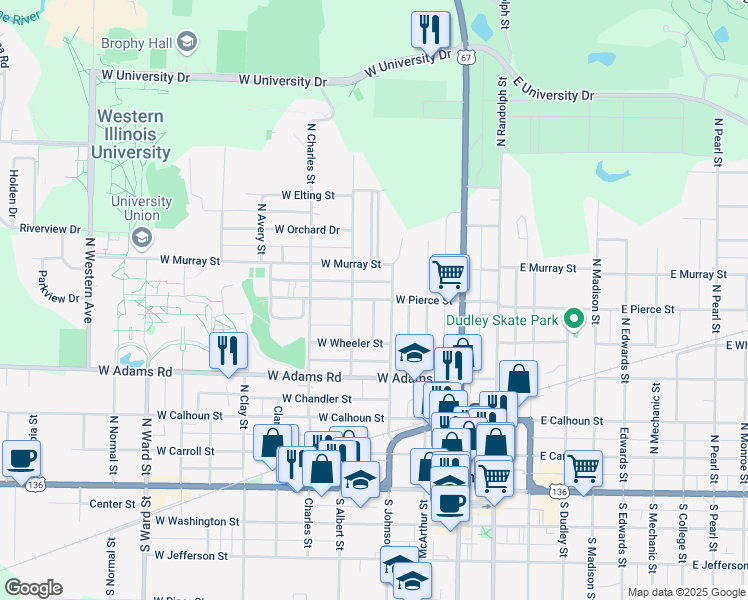 map of restaurants, bars, coffee shops, grocery stores, and more near 322 West Pierce Street in Macomb
