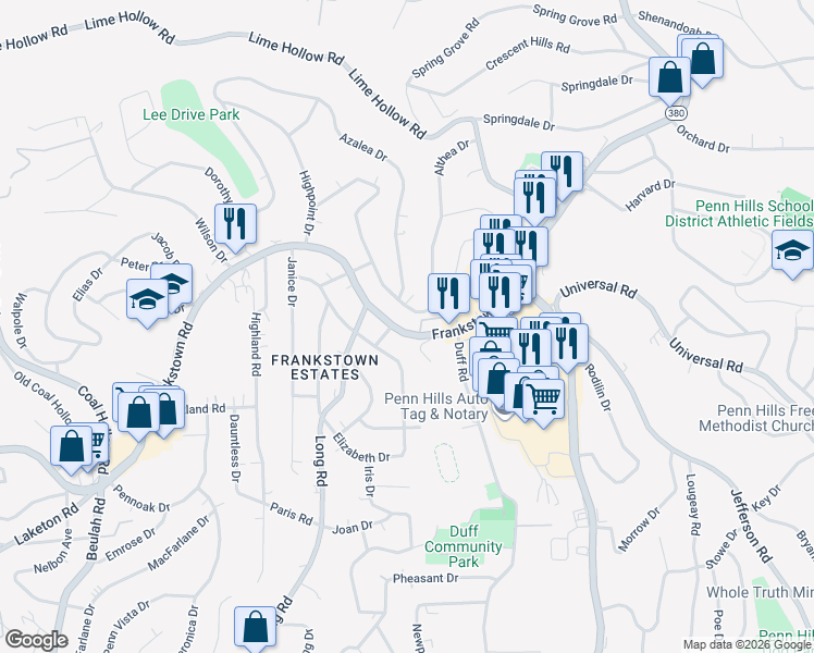 map of restaurants, bars, coffee shops, grocery stores, and more near 11643 Althea Drive in Pittsburgh
