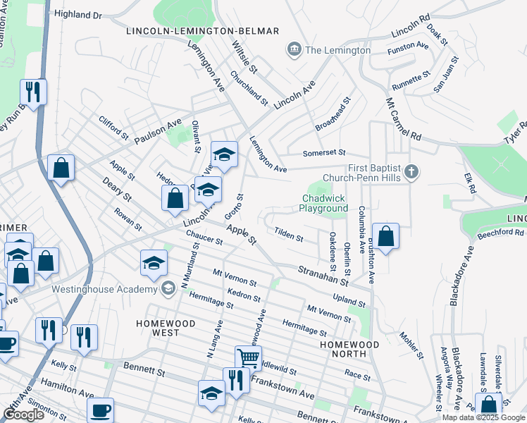 map of restaurants, bars, coffee shops, grocery stores, and more near 7107 Vann Road in Pittsburgh