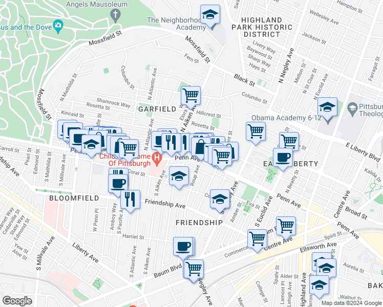 map of restaurants, bars, coffee shops, grocery stores, and more near 5422 Broad Street in Pittsburgh