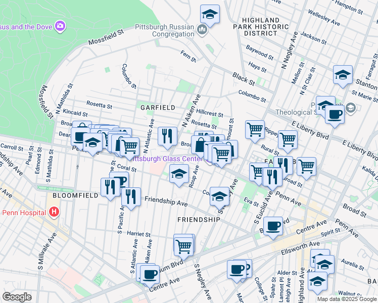 map of restaurants, bars, coffee shops, grocery stores, and more near 5422 Broad Street in Pittsburgh