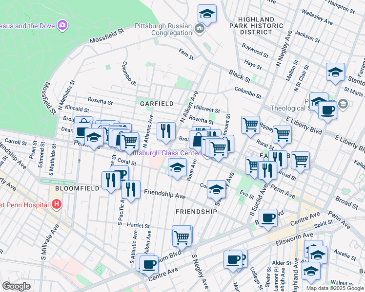 map of restaurants, bars, coffee shops, grocery stores, and more near 5422 Broad Street in Pittsburgh