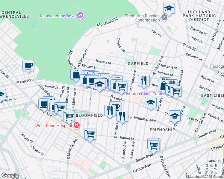 map of restaurants, bars, coffee shops, grocery stores, and more near 5144 Dearborn Street in Pittsburgh