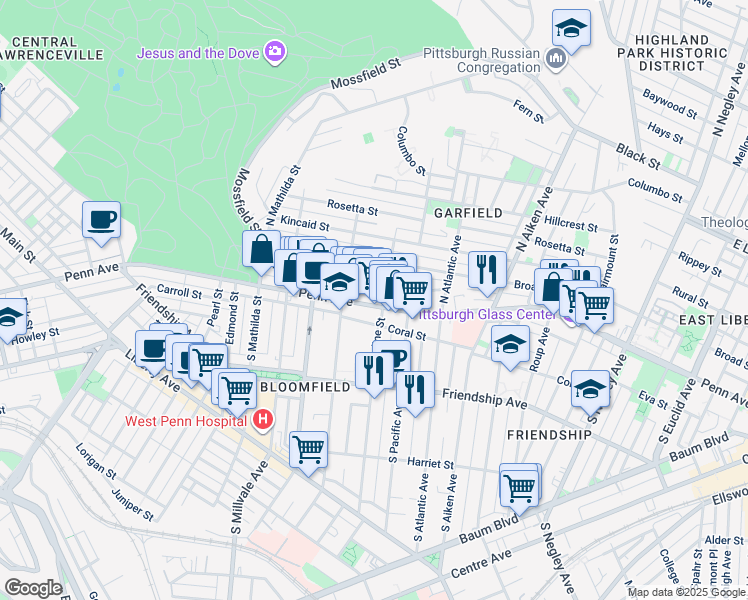 map of restaurants, bars, coffee shops, grocery stores, and more near 5144 Dearborn Street in Pittsburgh
