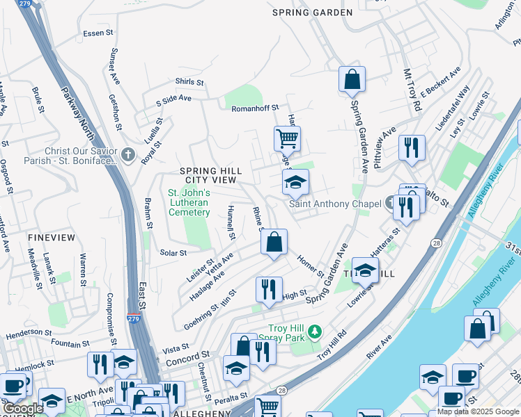 map of restaurants, bars, coffee shops, grocery stores, and more near 1902 Rhine Street in Pittsburgh