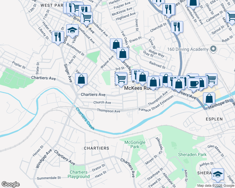 map of restaurants, bars, coffee shops, grocery stores, and more near 1101 Zinkhan Street in McKees Rocks