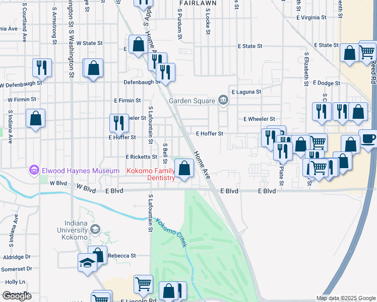 map of restaurants, bars, coffee shops, grocery stores, and more near 1806 South Purdum Street in Kokomo