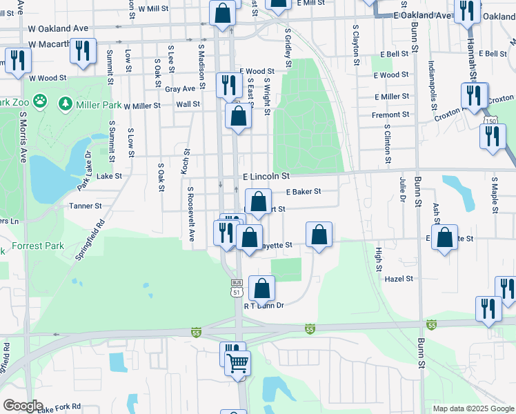 map of restaurants, bars, coffee shops, grocery stores, and more near 1410 South East Street in Bloomington