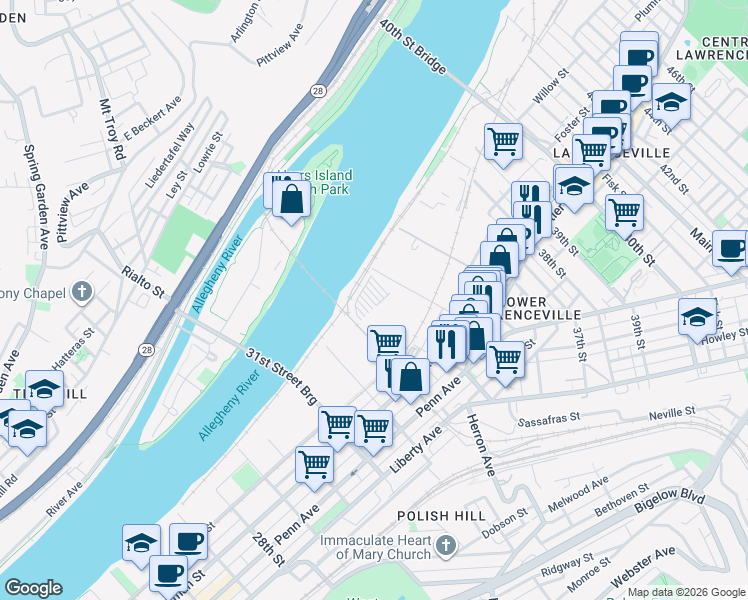 map of restaurants, bars, coffee shops, grocery stores, and more near 43 33rd Street in Pittsburgh